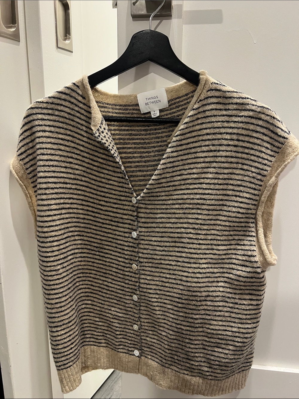 Things Between Women's Beige & Black Striped Button-Down Knit Vest